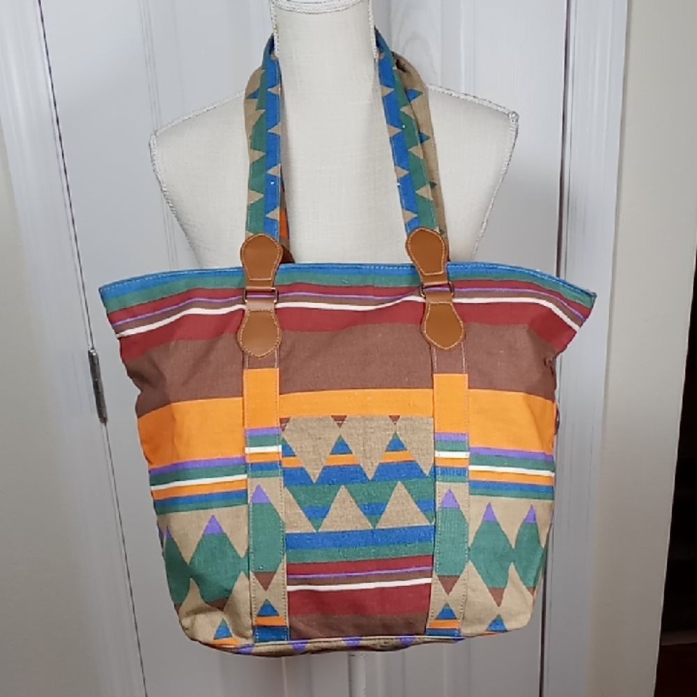 Vintage Spiegel Santa Fe Zip Top Tote Bag Multi Color Canvas w/ Leather Accents